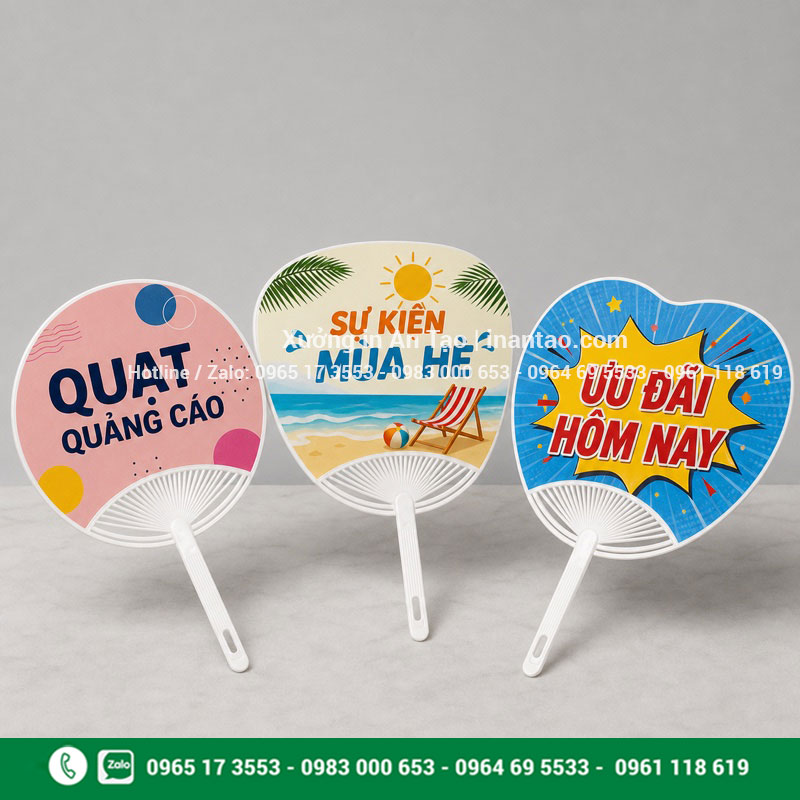 Mẫu quạt nhựa cầm tay quảng cáo phổ biến Các mẫu quạt nhựa cầm tay tròn, bầu và tạo hình theo yêu cầu