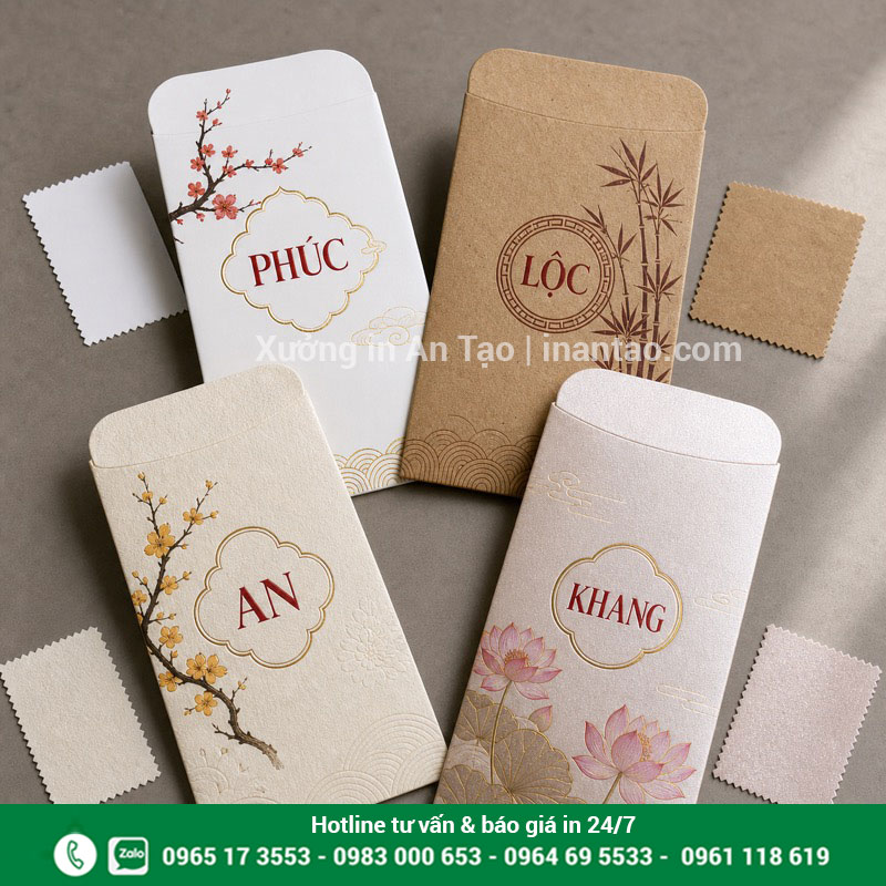 Chất liệu giấy in bao lì xì theo yêu cầu Các chất liệu giấy dùng in bao lì xì gồm Couche Kraft mỹ thuật và ánh kim