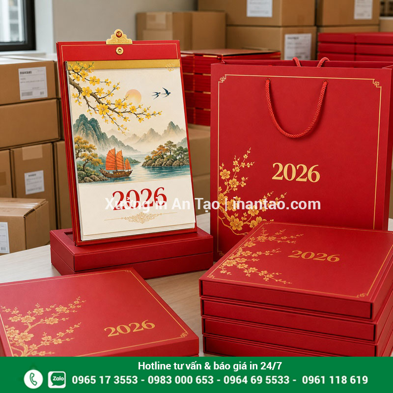 Lịch bloc hoàn thiện kèm hộp và túi quà trước khi giao