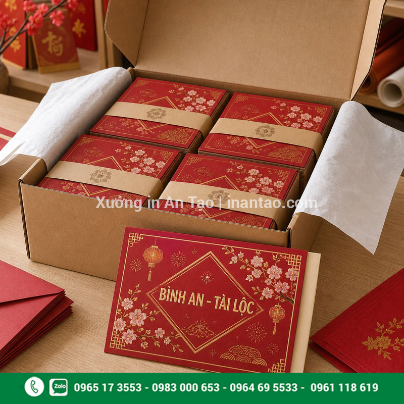 Đóng gói thiệp chúc mừng năm mới kèm bao thư