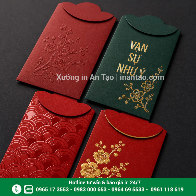 Gia công bao lì xì cao cấp sau in Mẫu in bao lì xì ép kim dập nổi UV và cán mờ