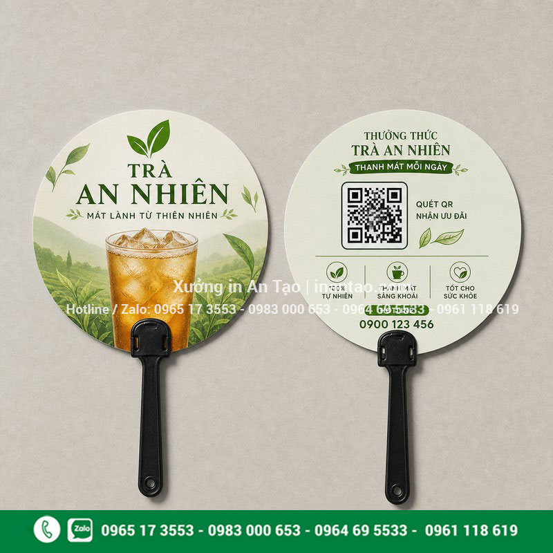 In quạt giấy hai mặt theo thiết kế thương hiệu Mẫu in quạt giấy hai mặt với logo mã QR và thông tin ưu đãi