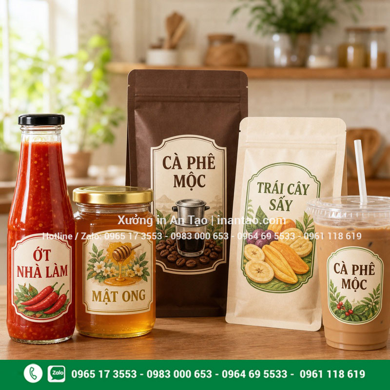 In tem nhãn thực phẩm cho chai sốt hũ mật ong cà phê và túi trái cây