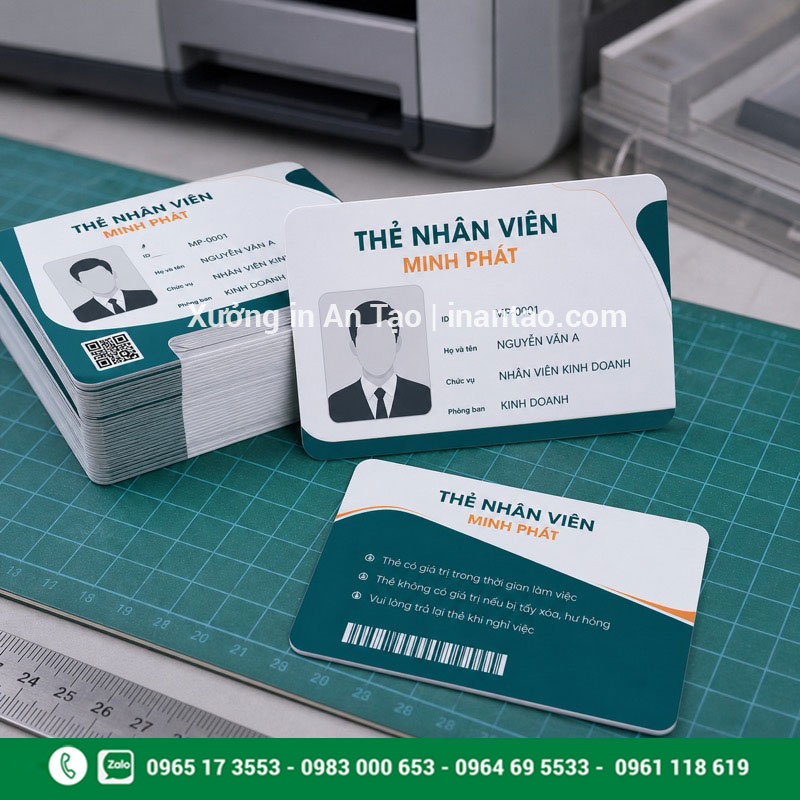 In thẻ nhựa nhân viên có ảnh mã ID và QR code