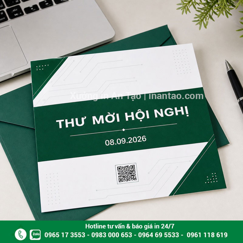 In thiệp mời hội nghị theo yêu cầu tại TP.HCM Mẫu in thiệp mời hội nghị màu xanh có mã QR
