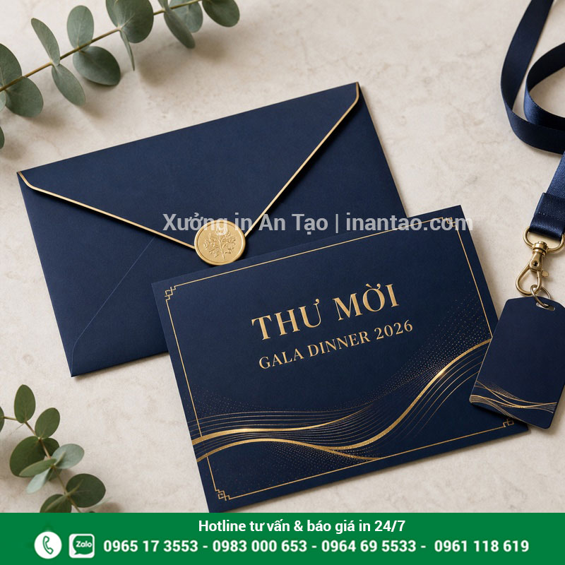 In thiệp mời sự kiện cao cấp tại intemgiay.net Bộ thiệp mời sự kiện cao cấp màu xanh navy ép kim vàng