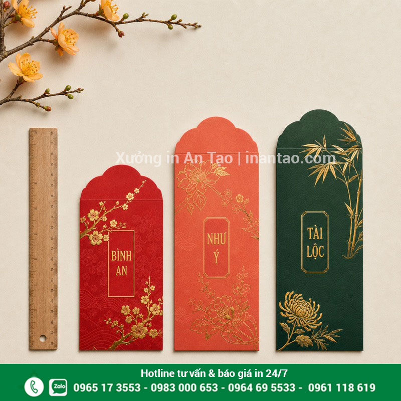 Kích thước in bao lì xì thông dụng So sánh kích thước in bao lì xì phổ biến 8 x 16 cm và 7,5 x 16 cm