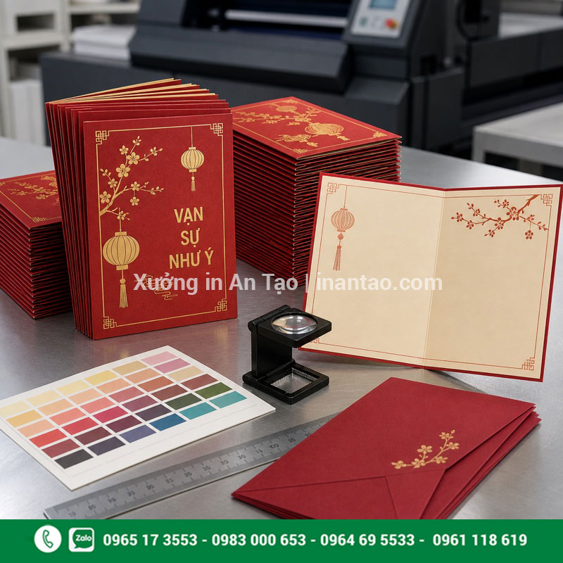 Kiểm tra chất lượng in thiệp chúc Tết tại xưởng