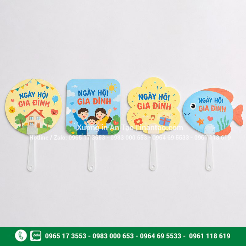 Mẫu quạt giấy cầm tay bế hình theo thiết kế Các mẫu quạt giấy in theo yêu cầu hình tròn vuông hoa và cá