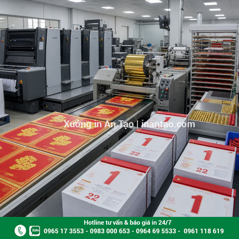 Quy trình in lịch bloc tại xưởng với máy in và gia công