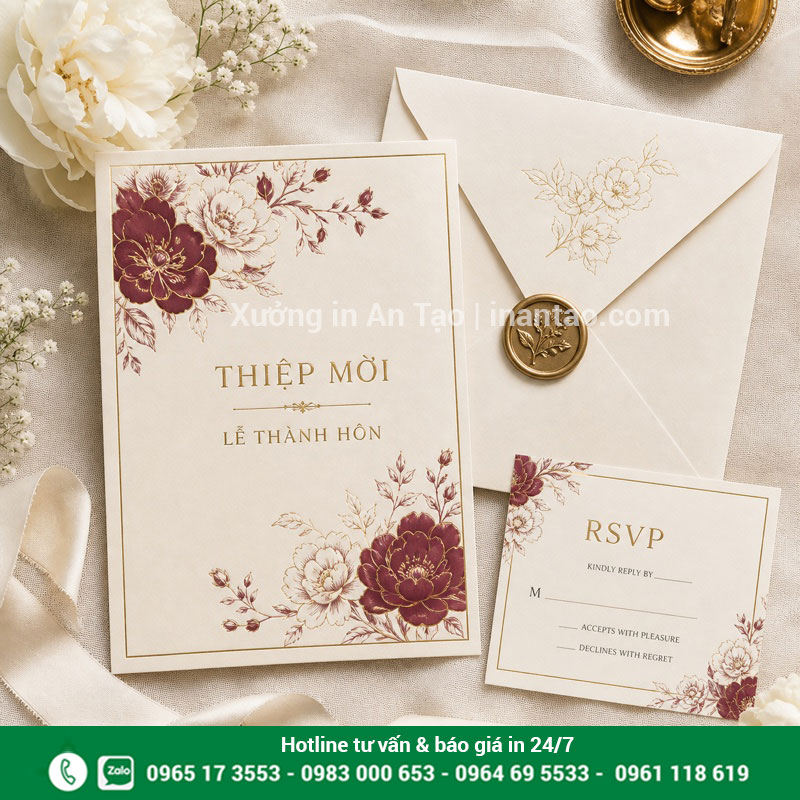 In thiệp mời cưới trên giấy mỹ thuật Bộ thiệp mời cưới giấy mỹ thuật màu kem hoa đỏ rượu