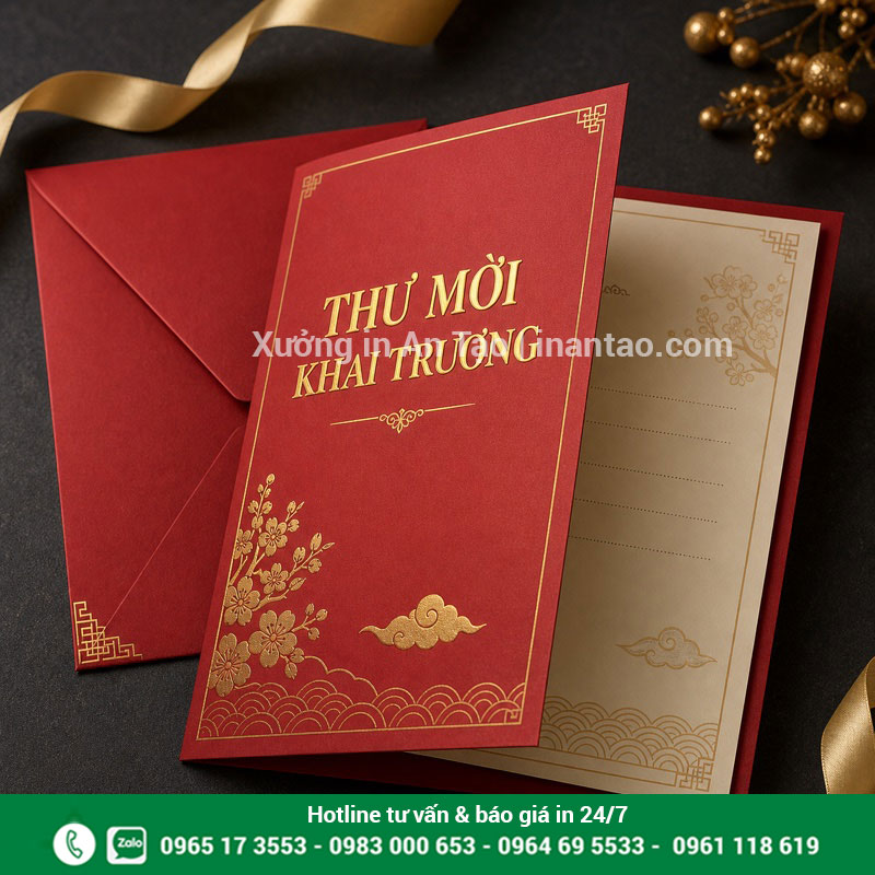 Mẫu thiệp mời khai trương ép kim sang trọng Thiệp mời khai trương màu đỏ ép kim vàng kèm phong bì