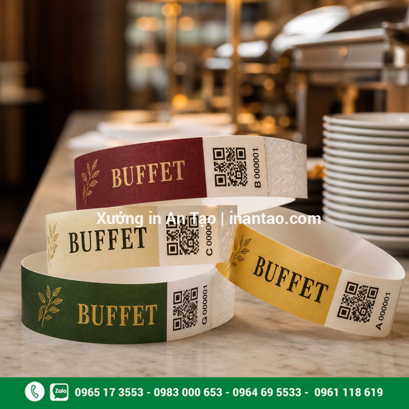 Vòng đeo tay quản lý khách tham gia buffet theo màu và mã QR