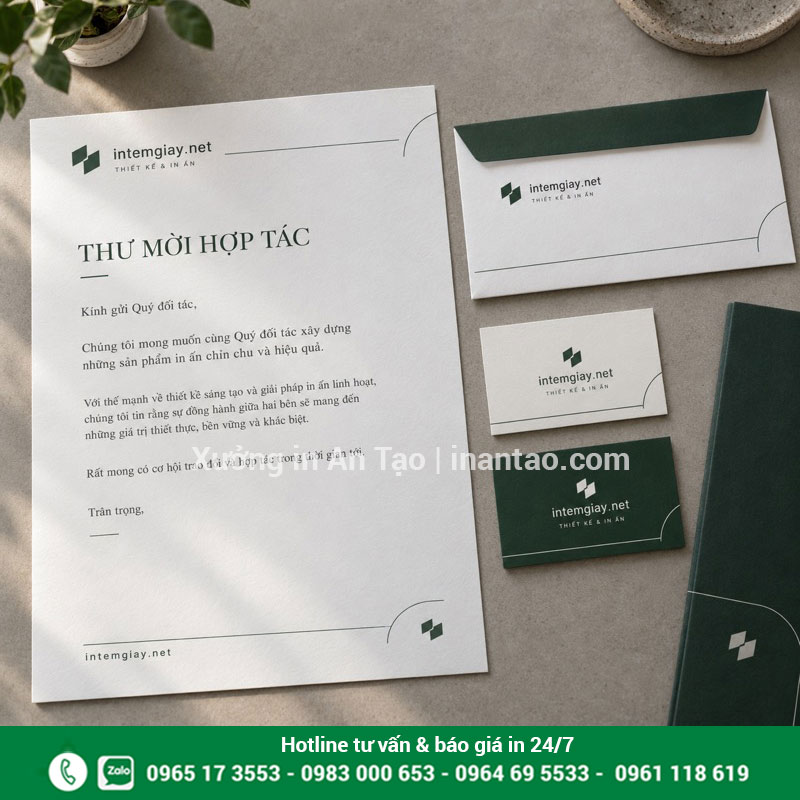 Bộ thư mời hợp tác, phong bì và danh thiếp intemgiay.net cùng tông xanh đậm