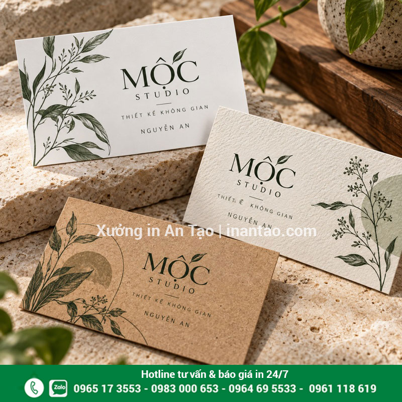 Ba mẫu card Mộc Studio trên giấy trắng mịn, giấy có vân và giấy kraft