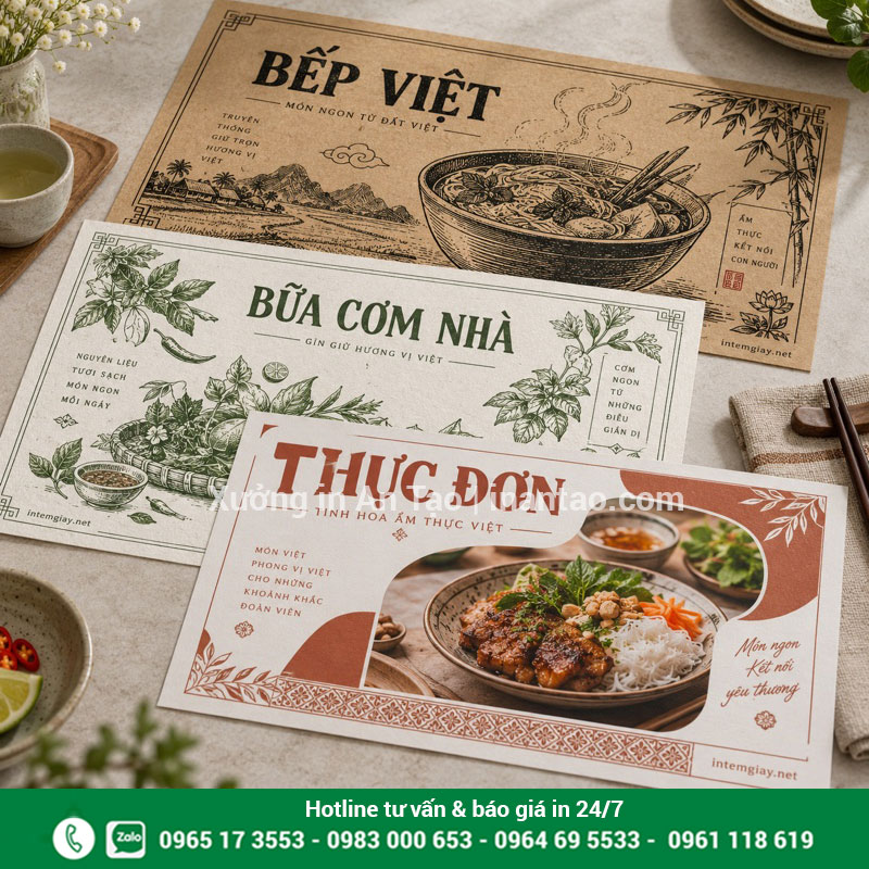 Ba mẫu giấy lót bàn trên nền Kraft nâu, giấy trắng và mẫu in ảnh món ăn