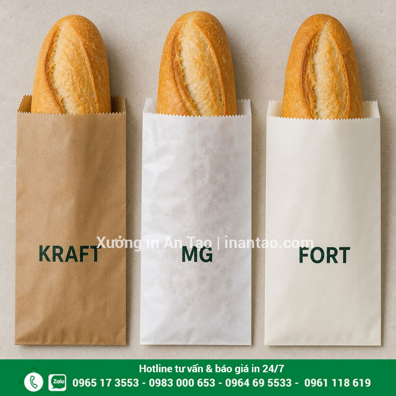 Ba chất liệu in túi giấy bánh mì phổ biến So sánh giấy Kraft, MG và Fort để in túi giấy bánh mì