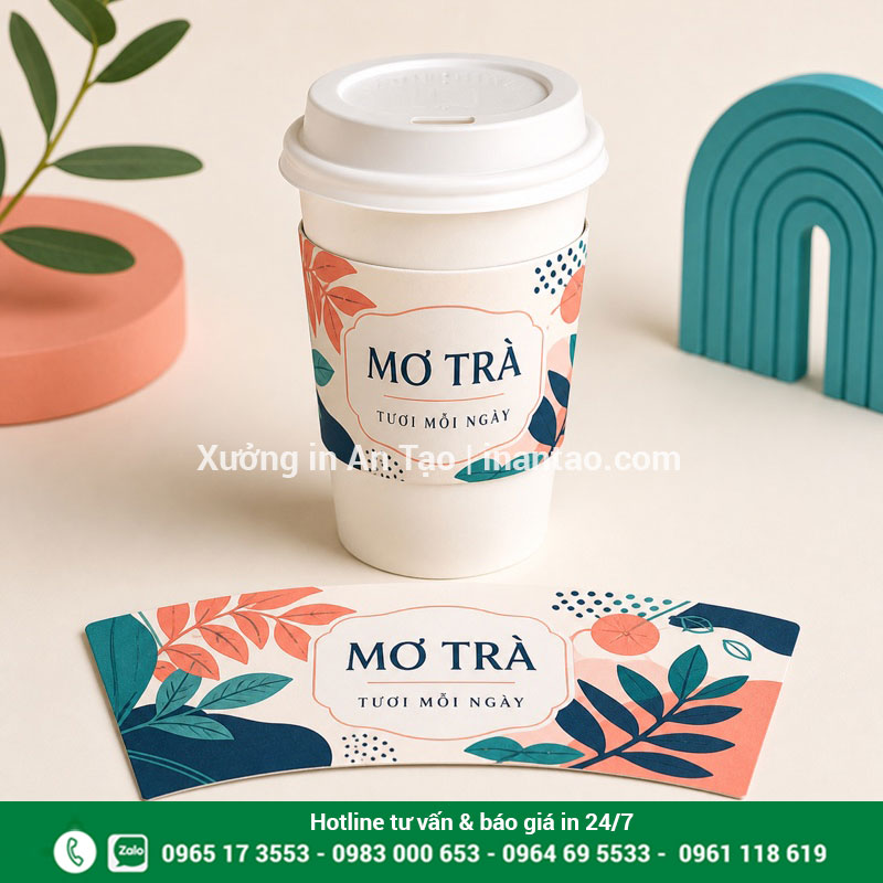 Cover cốc giấy in màu nhiều họa tiết theo bộ nhận diện