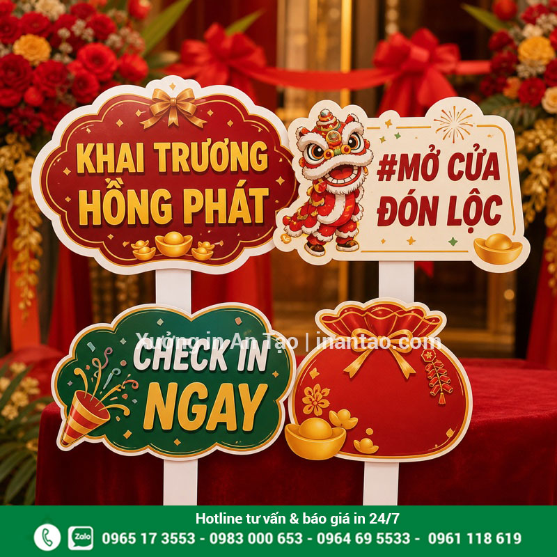 Bộ hashtag cầm tay khai trương màu đỏ vàng đã in hoàn thiện