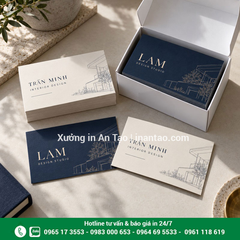 Bộ card Lam Design Studio màu xanh đậm và kem đặt cạnh hộp giấy