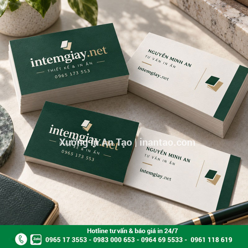 Mẫu danh thiếp xanh lá và trắng mang thương hiệu intemgiay.net