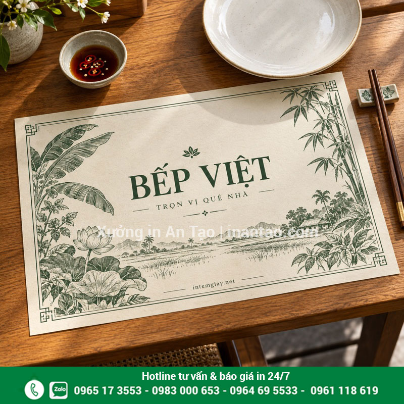 Mẫu in giấy lót bàn nhà hàng màu xanh trên bàn gỗ với họa tiết sen và tre