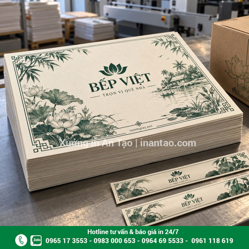 Xấp giấy lót bàn in họa tiết xanh đặt cạnh bao đũa cùng thiết kế
