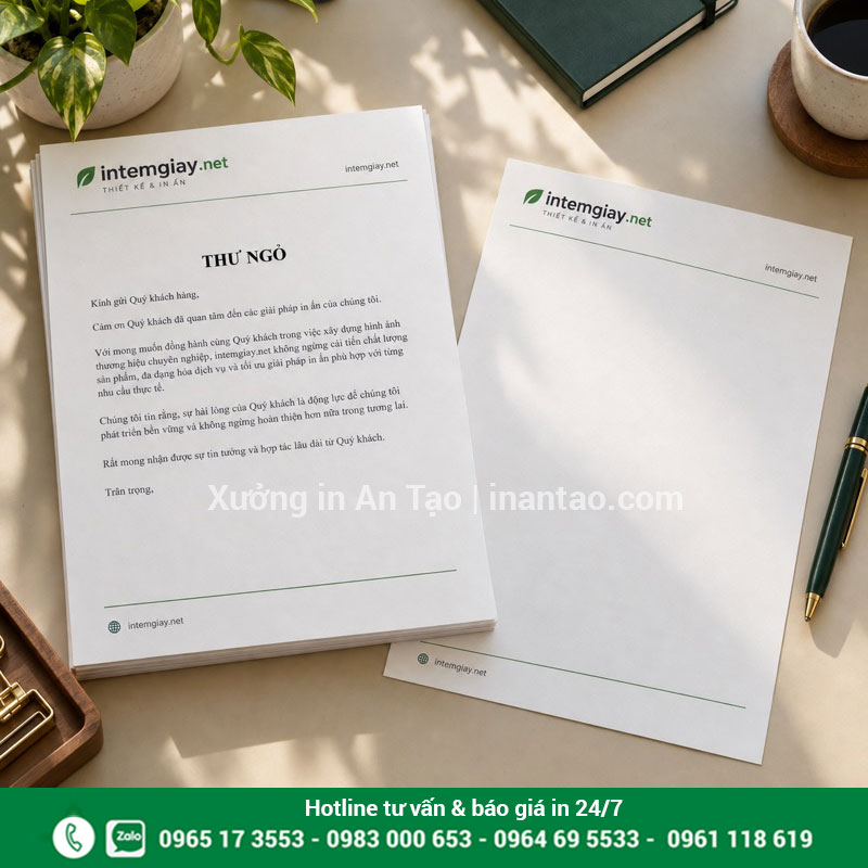Mẫu in giấy tiêu đề A4 với thư ngỏ và phần nhận diện màu xanh của intemgiay.net