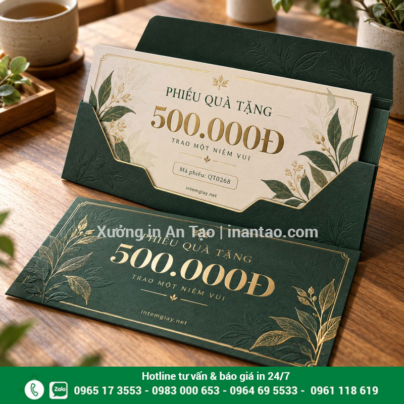 Mẫu gift voucher kèm bao đựng giấy Phiếu quà tặng 500.000 đồng phối xanh kem kèm bao đựng đồng bộ