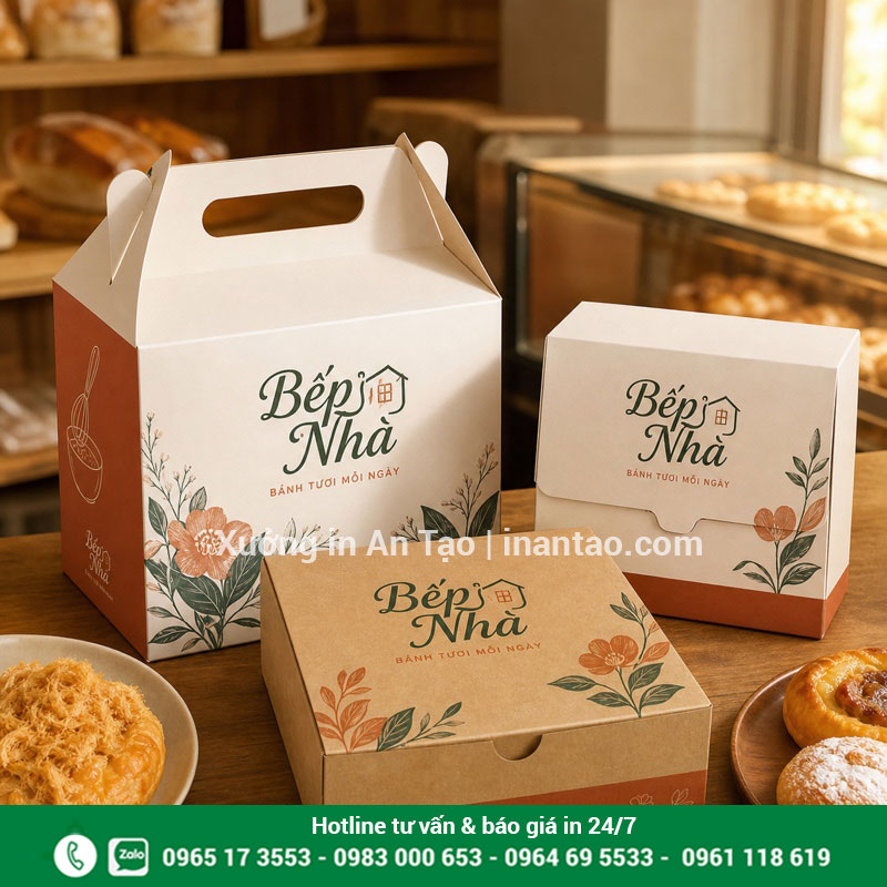 Hộp giấy đựng bánh và thực phẩm in màu có quai xách