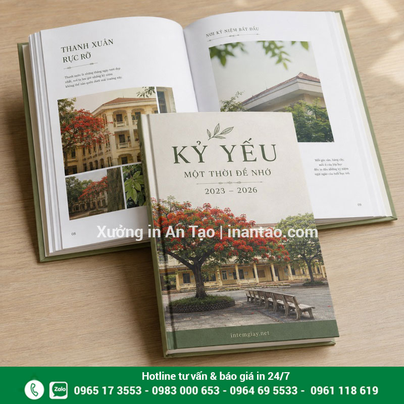 Mẫu in kỷ yếu hoàn chỉnh tại intemgiay.net Bộ kỷ yếu bìa xanh với thiết kế sân trường và trang ruột in màu