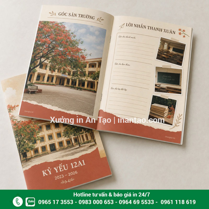 Mẫu kỷ yếu lớp bìa mềm đóng ghim Kỷ yếu lớp 12A1 bìa mềm mở trang sân trường và lời nhắn thanh xuân