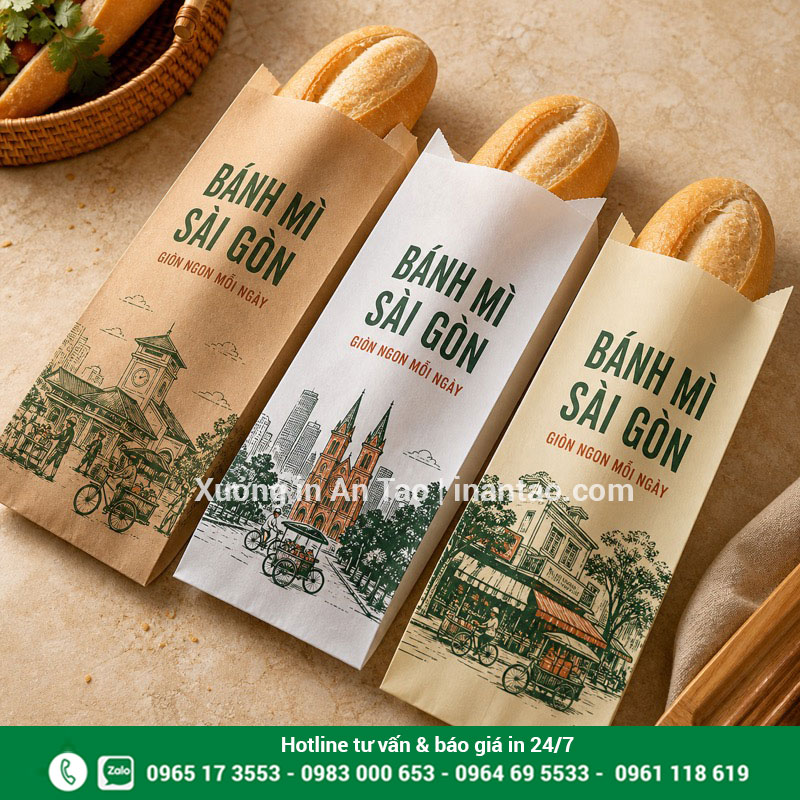 In túi bánh mì thiết kế theo yêu cầu tại intemgiay.net Mẫu in túi bánh mì bằng giấy Kraft, MG và Fort tại intemgiay.net