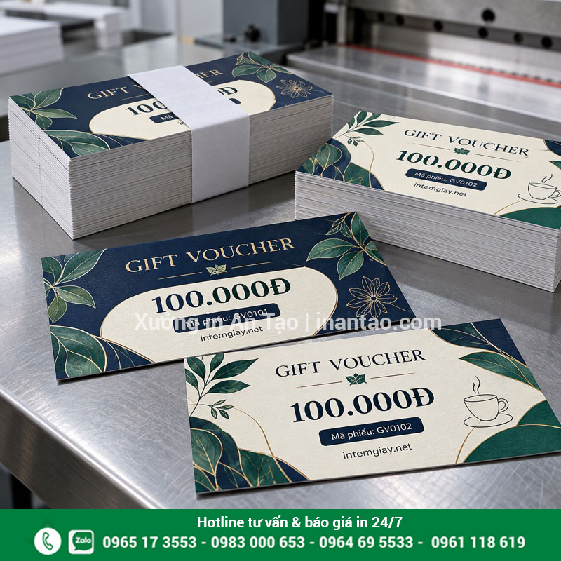 Voucher hoàn thiện với mã phiếu riêng Các xấp gift voucher 100.000 đồng cắt thành phẩm và chia lô trên bàn