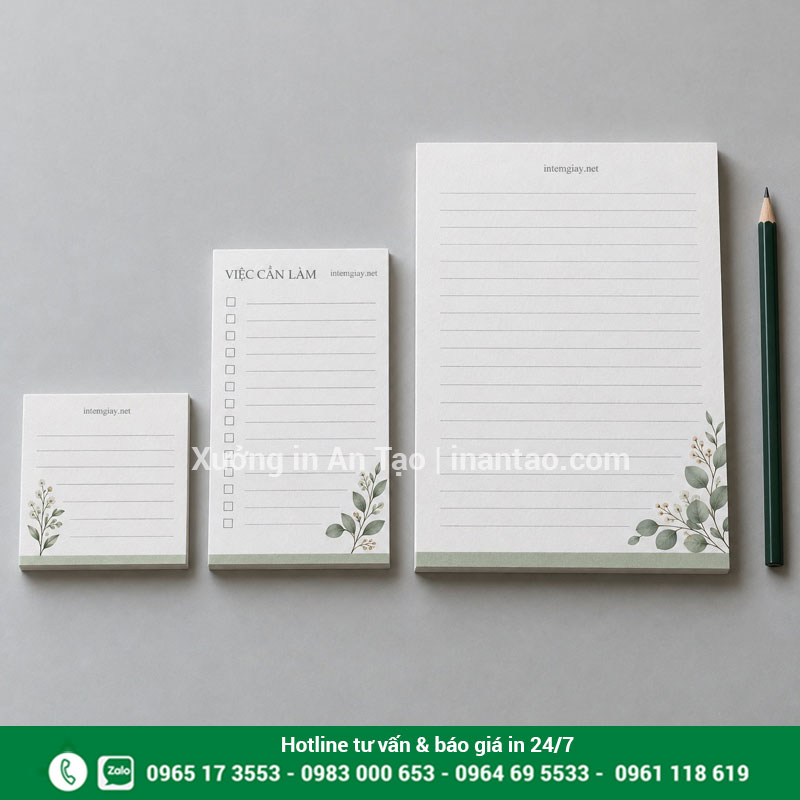 Ba kích thước giấy note với dòng kẻ và ô đánh dấu công việc