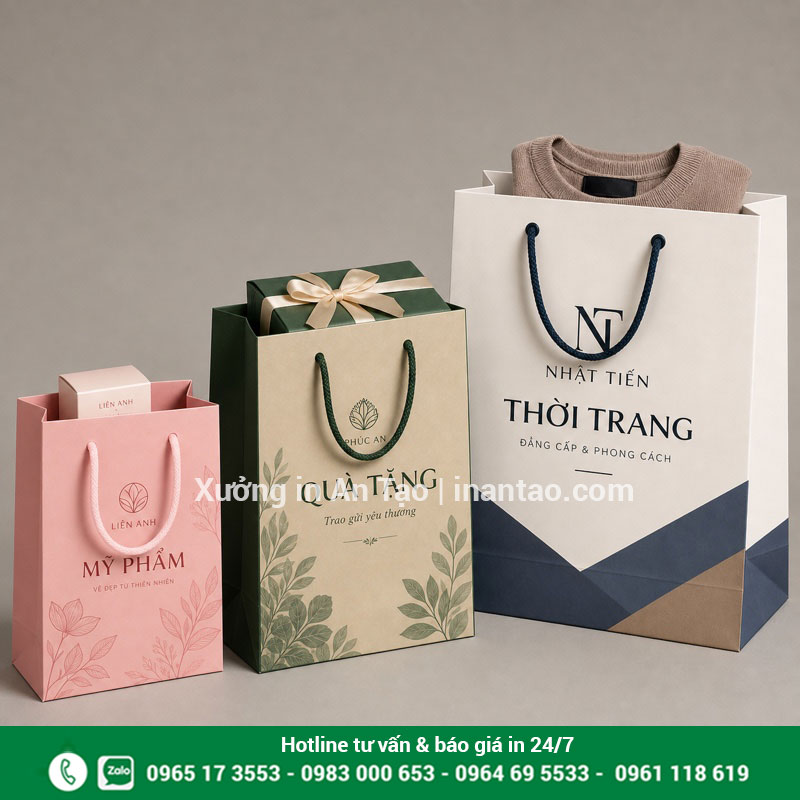 Ba kích thước túi giấy cho mỹ phẩm, quà tặng và thời trang
