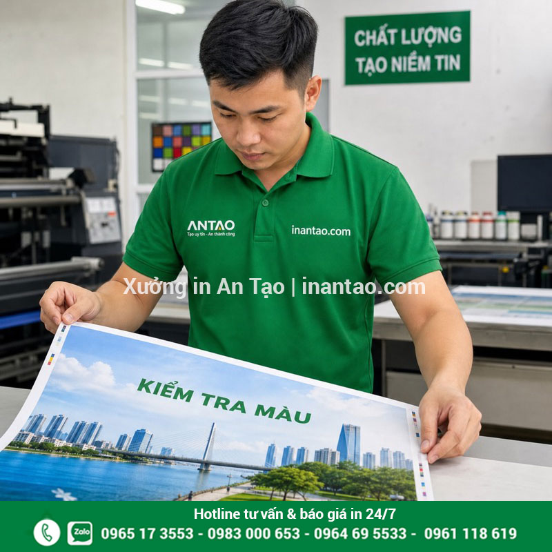 Nhân viên Việt Nam kiểm tra màu thành phẩm in poster tại xưởng