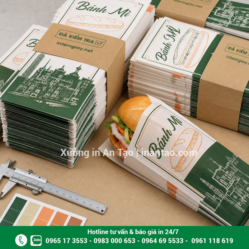 Kiểm tra và đóng gói túi bánh mì thành phẩm Túi bánh mì thành phẩm được kiểm tra kích thước, màu và đóng bó