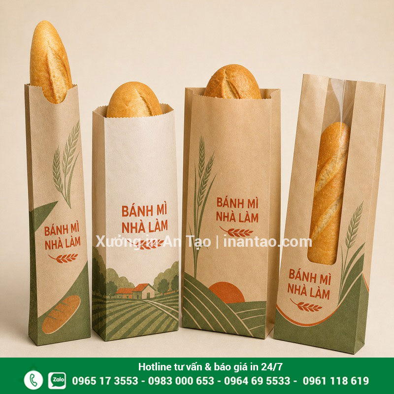 Kiểu dáng túi giấy đựng bánh mì theo từng loại bánh Các kiểu túi giấy đựng bánh mì que, túi phẳng, xếp hông và cửa sổ