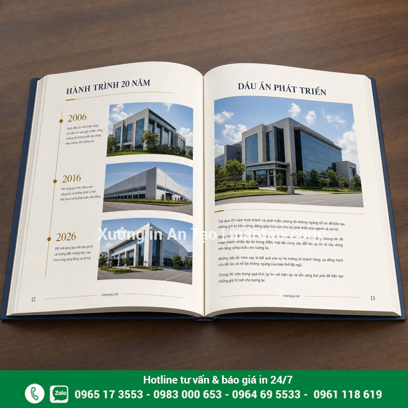 Thiết kế trang ruột kỷ yếu công ty theo dấu mốc phát triển Trang kỷ yếu doanh nghiệp với dòng thời gian 20 năm và ảnh kiến trúc
