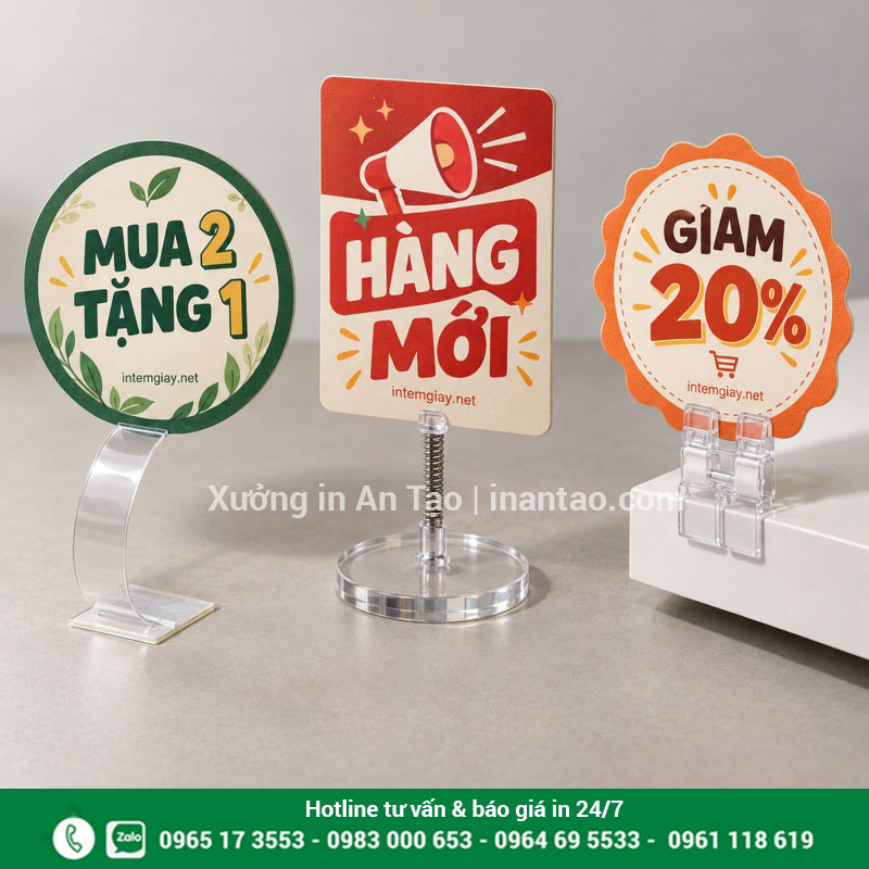 Ba mẫu wobbler hoàn chỉnh gồm thân nhựa trong, lò xo đế mica và kẹp gắn kệ
