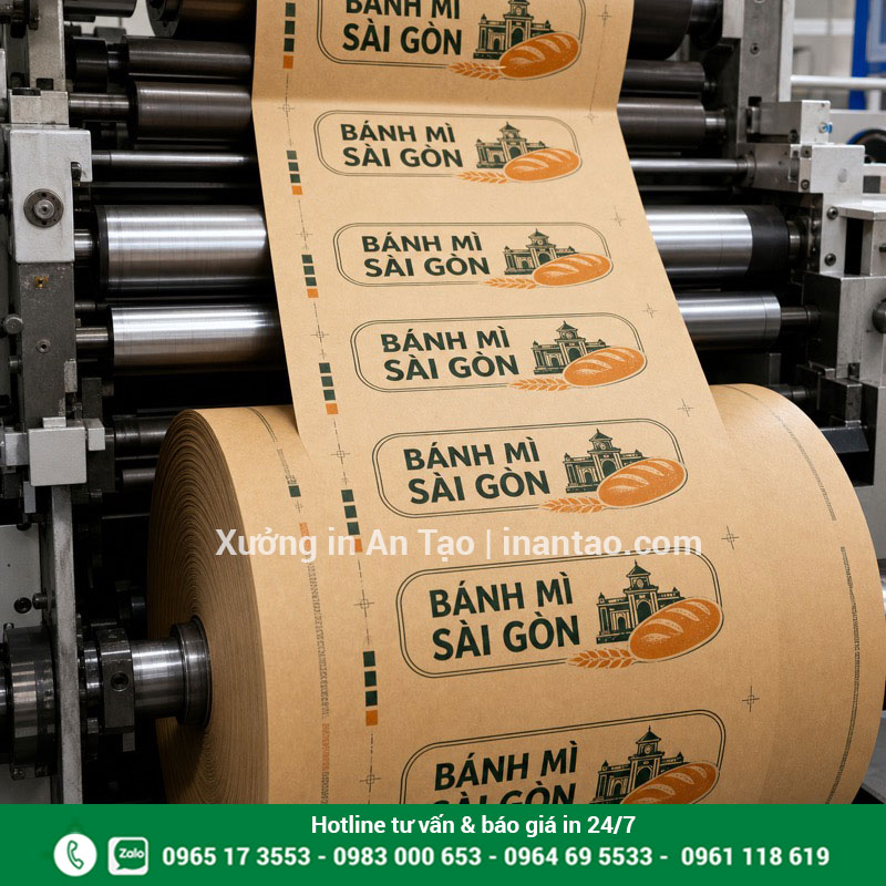 Quy trình in bao bánh mì bằng máy in cuộn Máy in cuộn đang in bao bánh mì hai màu trên giấy Kraft