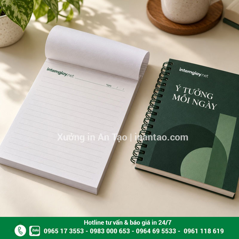 Cận cảnh tập giấy dán keo đầu và sổ ghi chú đóng lò xo màu xanh