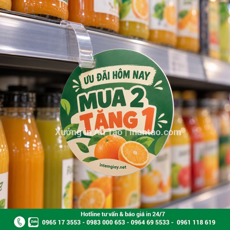 Mẫu wobbler quảng cáo hình tròn xanh lá với ưu đãi mua 2 tặng 1 gắn trên kệ nước trái cây